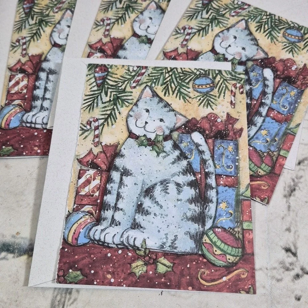 Susan Winget Christmas Cards 3D Kitty Cat Lot Of 4 With Envelopes